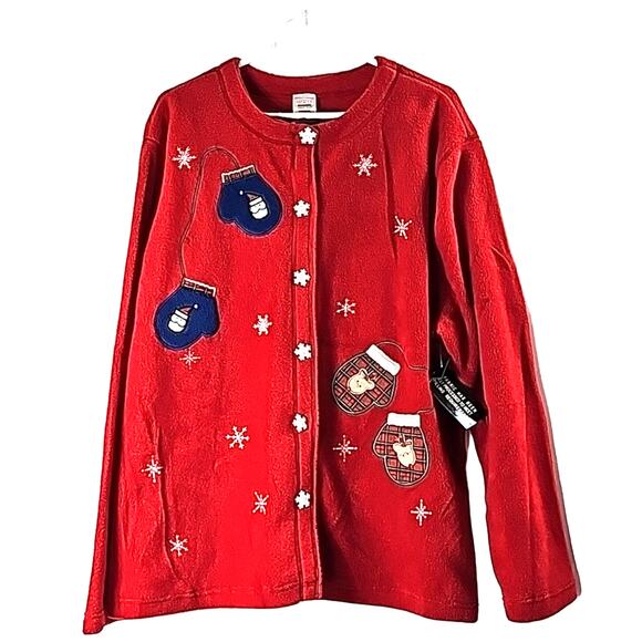 NWT Womens 2X Red Snow Flake Mittens Appliques Fleece Premier Cardigan - Picture 1 of 13